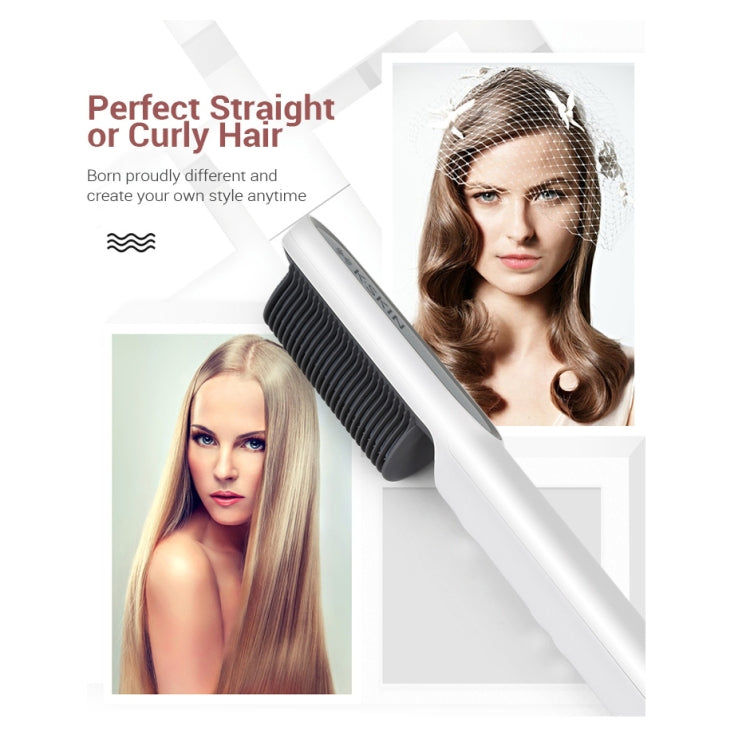White hair straightener comb brush with heated bristles for smoothing hair