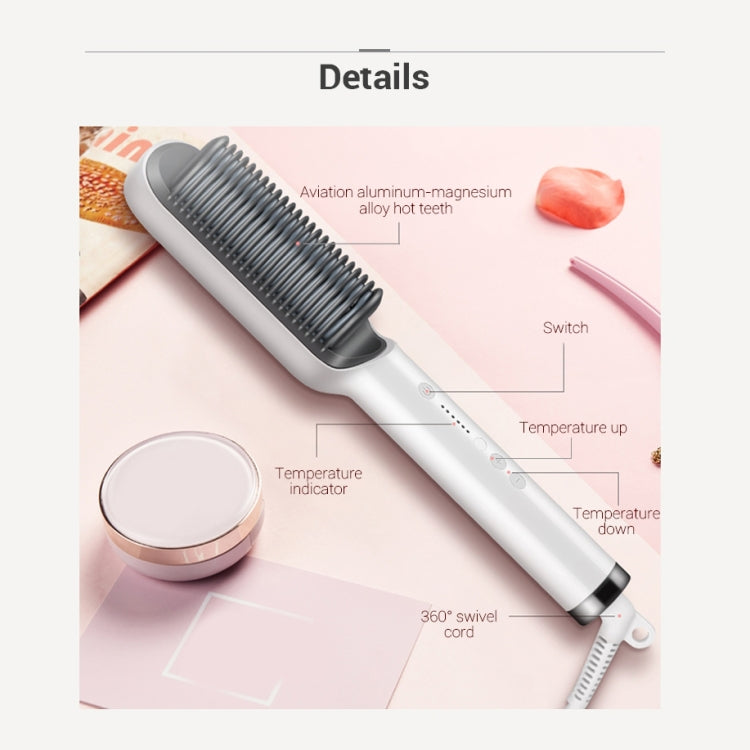 White hair straightener comb brush with switch, temperature indicator, and swivel cord
