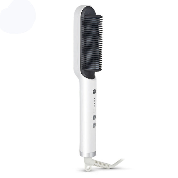 Electric hair straightener brush with white handle and black comb head