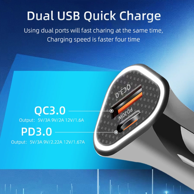 Black triangular car charger showing QC3.0 and PD charging ports