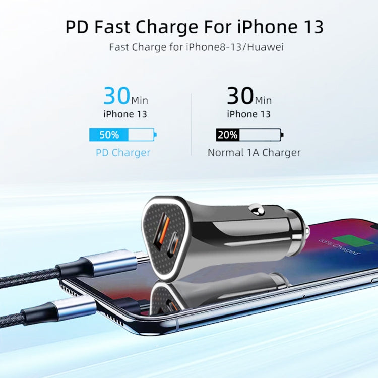 Black car USB-C charger with dual ports and connected cables