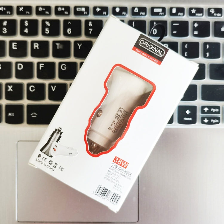 White retail package with car USB charger and USB cable inside