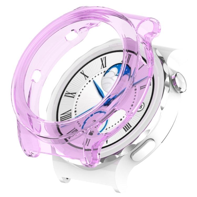 Purple TPU transparent hollow watch case with open side cutouts for a round smartwatch