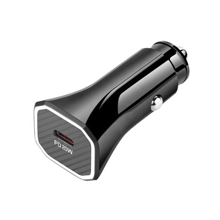 Black car charger with USB-C PD output, rounded plug with P D 20W label