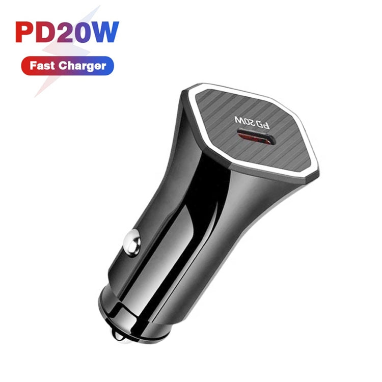 Black car charger with textured panel and USB-C PD20W marking, slim curved body