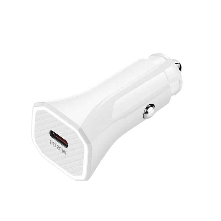 White car charger with textured front panel and PD20W marking, slim curved body