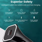 Black car USB-C PD charger with safety label panel, close view of the textured front