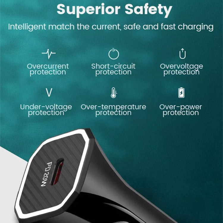 Black car USB-C PD charger with safety label panel, close view of the textured front
