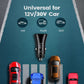 Black car USB-C PD charger centered on compatibility graphic, showing car port shape