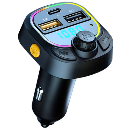 Black car MP3 player/FM transmitter with USB ports and colorful display ring