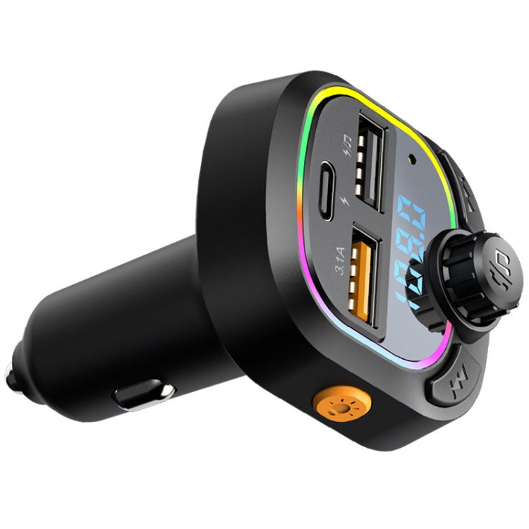 Black car MP3 player/FM transmitter with side USB ports and glowing LED ring
