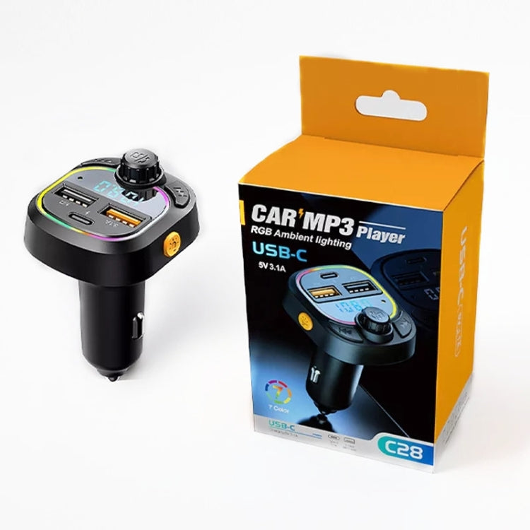 Car MP3 player/FM transmitter shown with retail box packaging