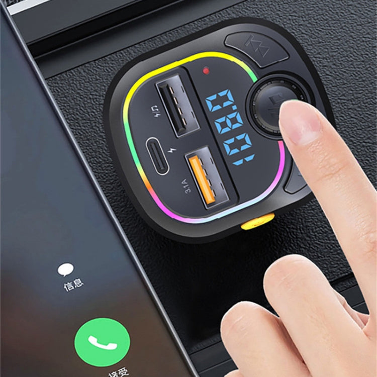 Car MP3 player/FM transmitter control panel with LED ring and finger pressing knob