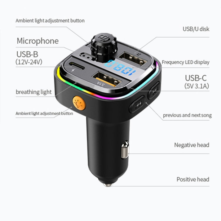 Car Bluetooth MP3 player with built-in microphone, frequency LED display, USB-C and USB ports