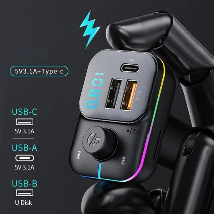 Car Bluetooth MP3 player with USB-C and USB-A ports, backlit LED charging indicator