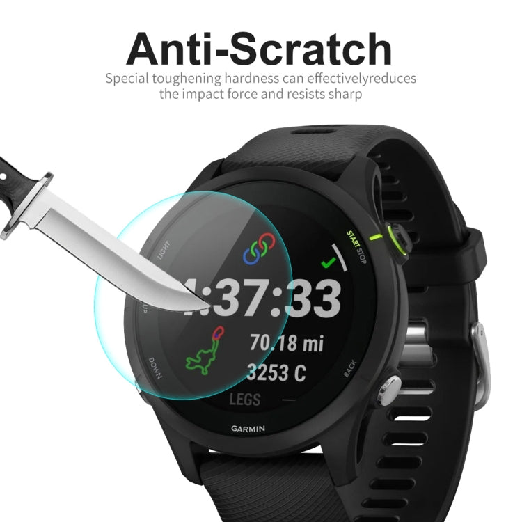 Tempered glass screen protector for Garmin smartwatch with scratch-resistant layer shown.