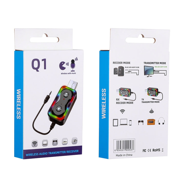 Wireless audio transmitter/receiver package showing the Q1 Bluetooth adapter