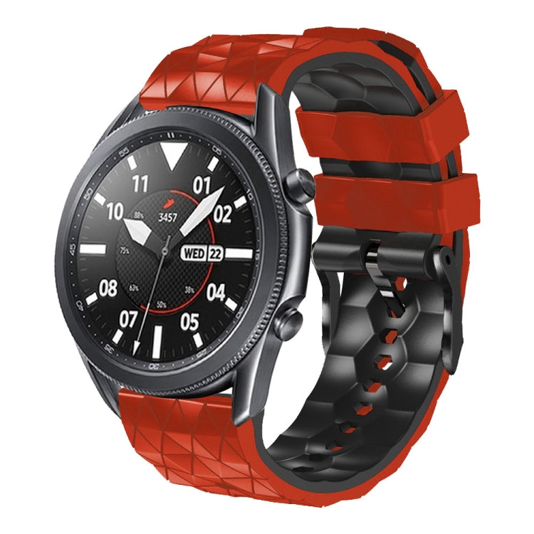 22mm two-color silicone watch strap, black and orange geometric football pattern, full view