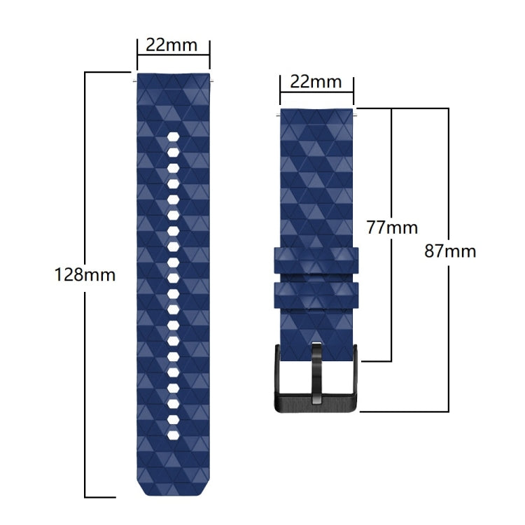22mm football-pattern silicone watch strap size diagram with clasp and 128mm length