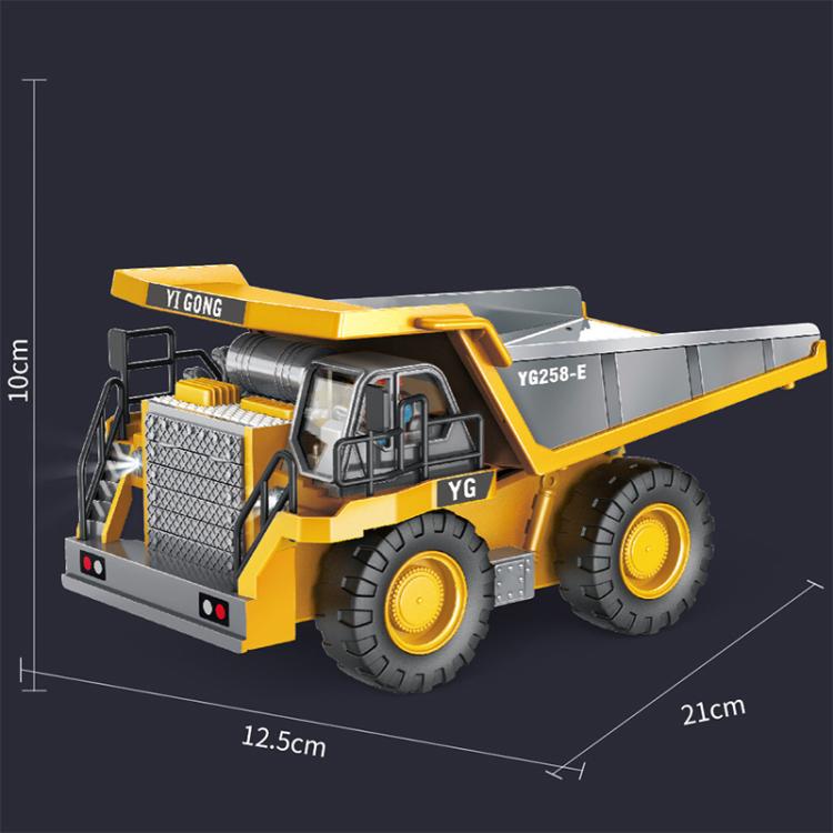 Yellow and gray construction dump truck, side view with four large tread wheels