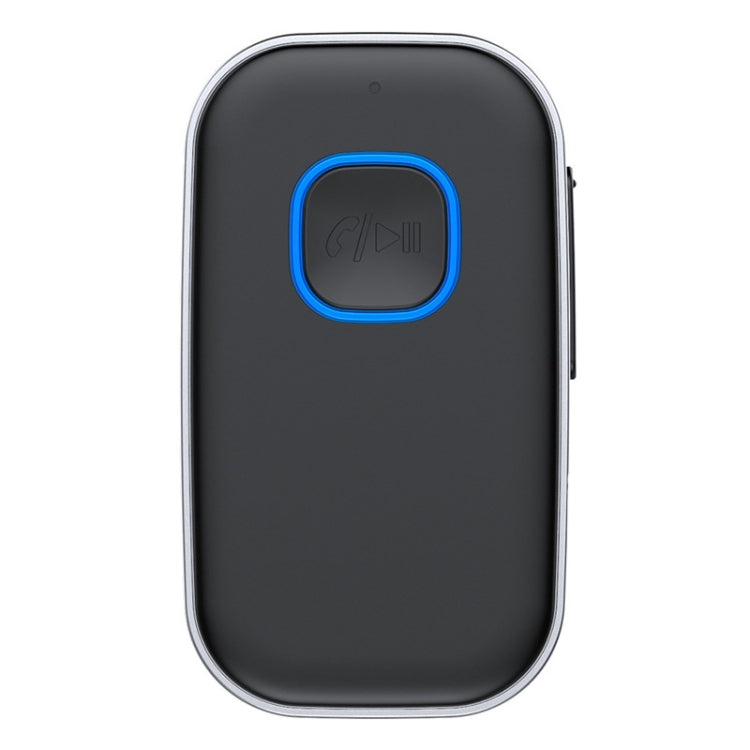 Bluetooth audio adapter with blue-ring button, dark body and side connector port