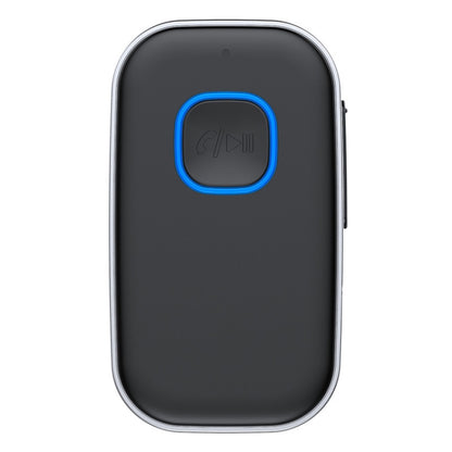 Bluetooth audio adapter with blue-ring button, dark body and side connector port