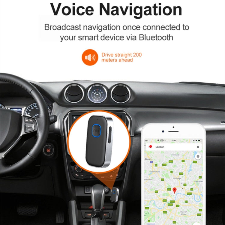 Bluetooth audio adapter shown on a car dashboard, dark body with blue-ring button