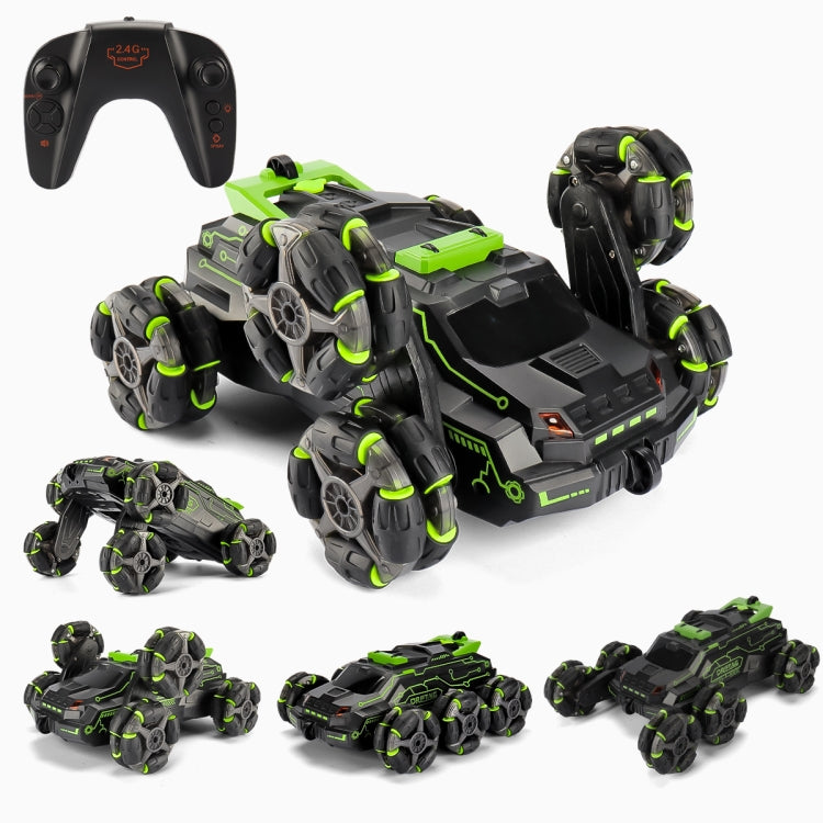 Green six-wheel stunt RC car with handheld remote, 360 swing-arm design