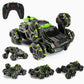 Green six-wheel stunt RC car, multiple views showing six rotating wheels