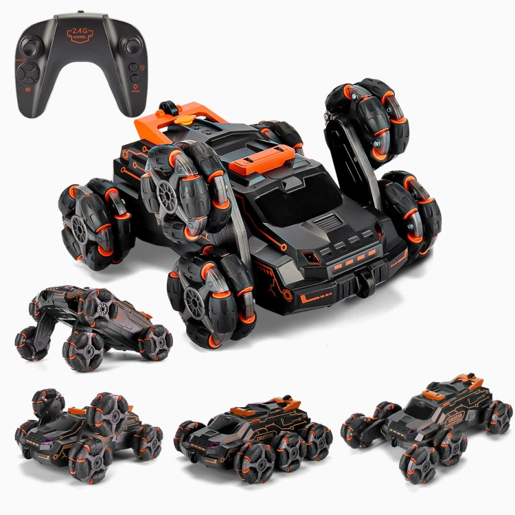 Orange six-wheel stunt RC car with handheld remote, 360 swing-arm design