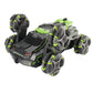 Green six-wheel stunt RC car close-up, detailed body and swing-arm wheels