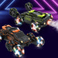 Green and orange six-wheel stunt RC cars with glowing LED headlights