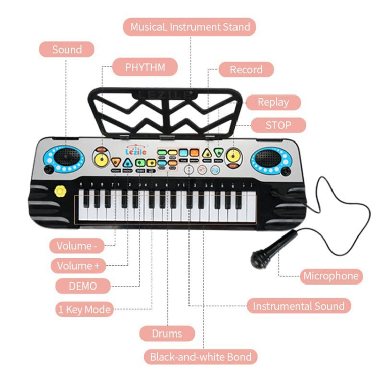 Children’s electronic keyboard piano front panel with labeled control buttons and microphone