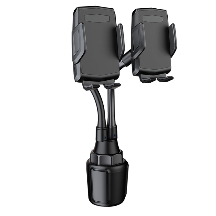 Double car phone holder mount with two adjustable cradles, black flexible base