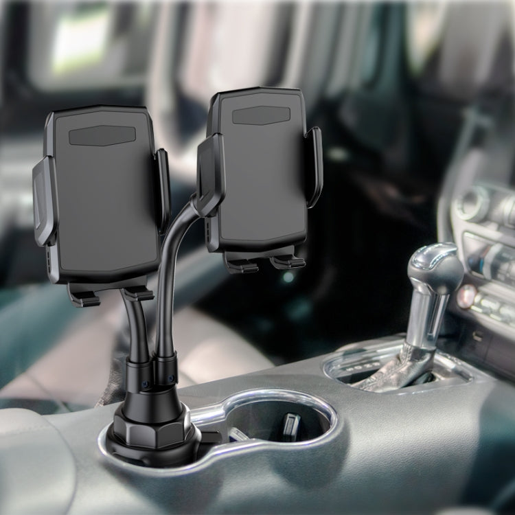 Double car phone holder mount with two adjustable side cradles and central stem