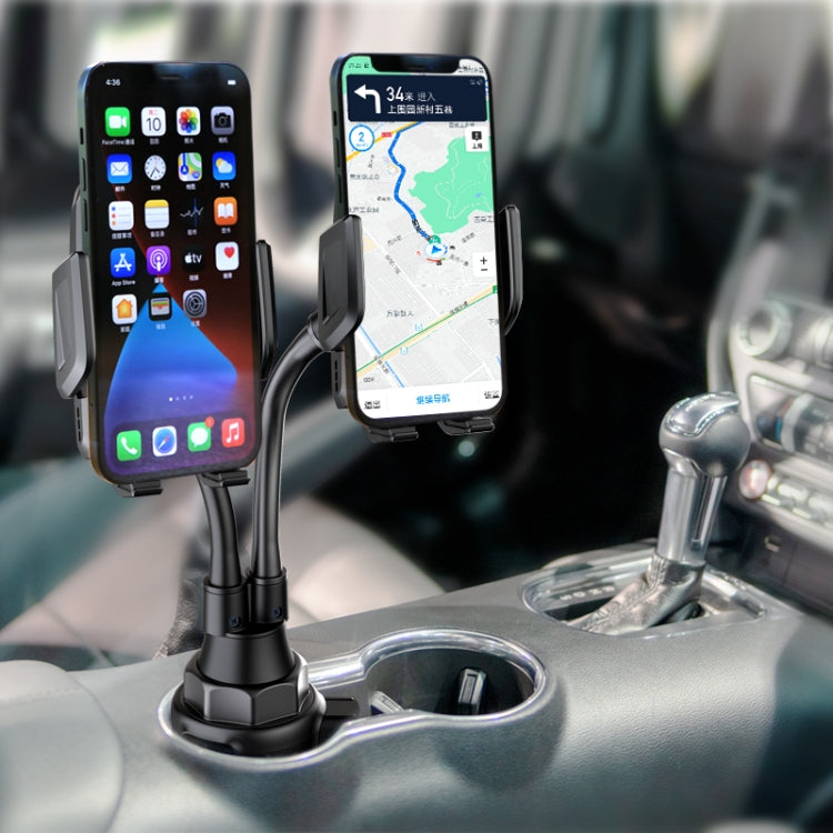 Double car phone holder mount holding two phones, adjustable cradles on central base
