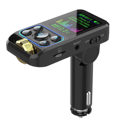Wireless car FM MP3 transmitter with LCD screen, EQ controls, and USB ports, black