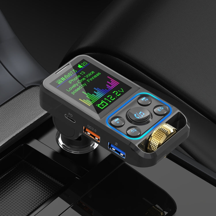 Wireless car FM MP3 transmitter in car with LCD screen and blue-lit control buttons