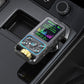 Wireless car FM MP3 transmitter in dashboard console with screen and blue accent buttons