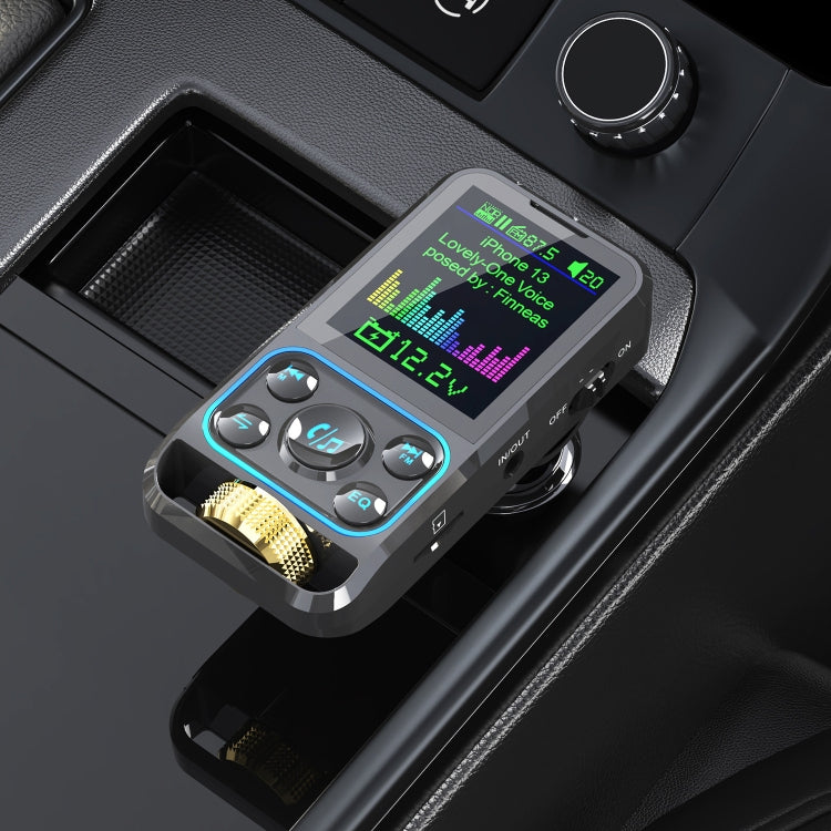 Wireless car FM MP3 transmitter in dashboard console with screen and blue accent buttons