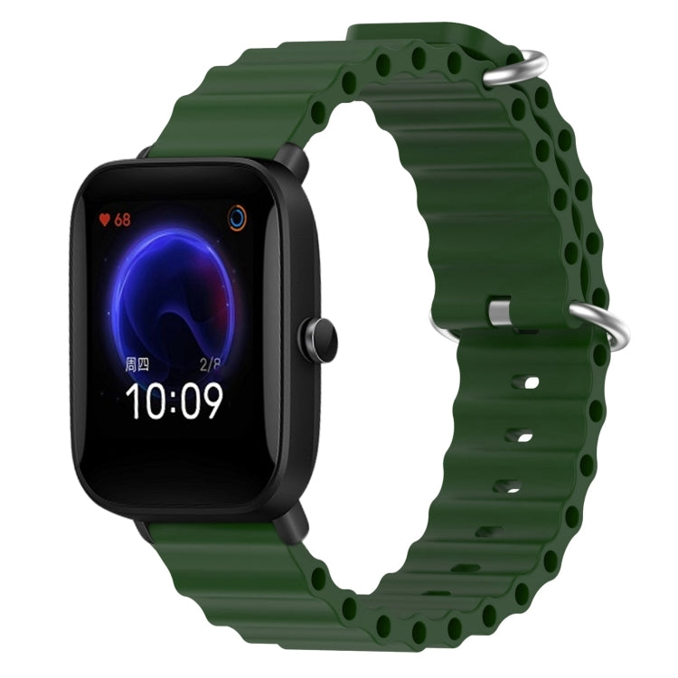 Green silicone watch band with metal pin buckle and round perforation links, for watch