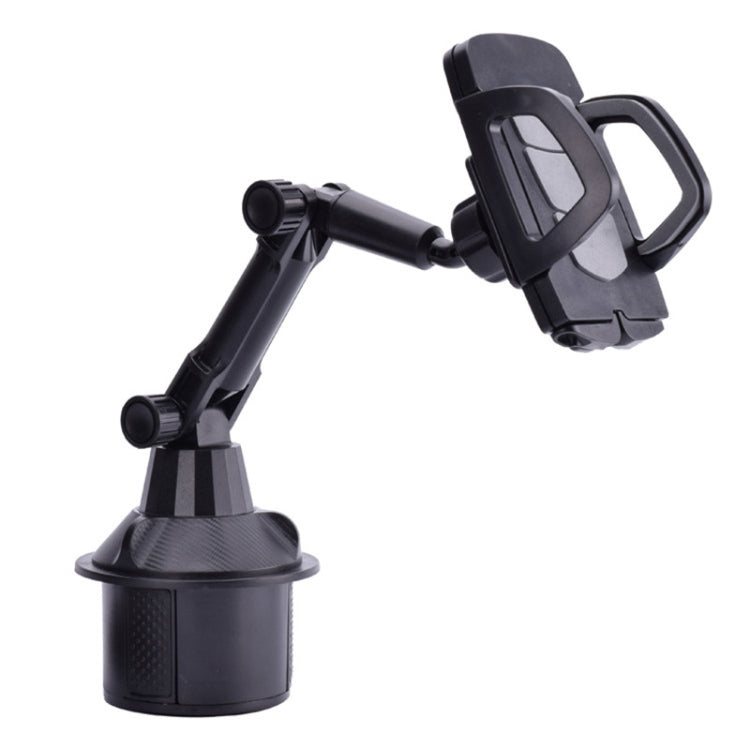 Adjustable car cup holder mount with clamp arm and cup tray, dark gray/black