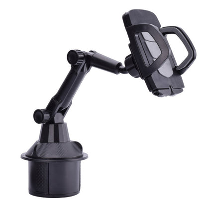 Adjustable car cup holder mount with clamp arm and cup tray, dark gray/black