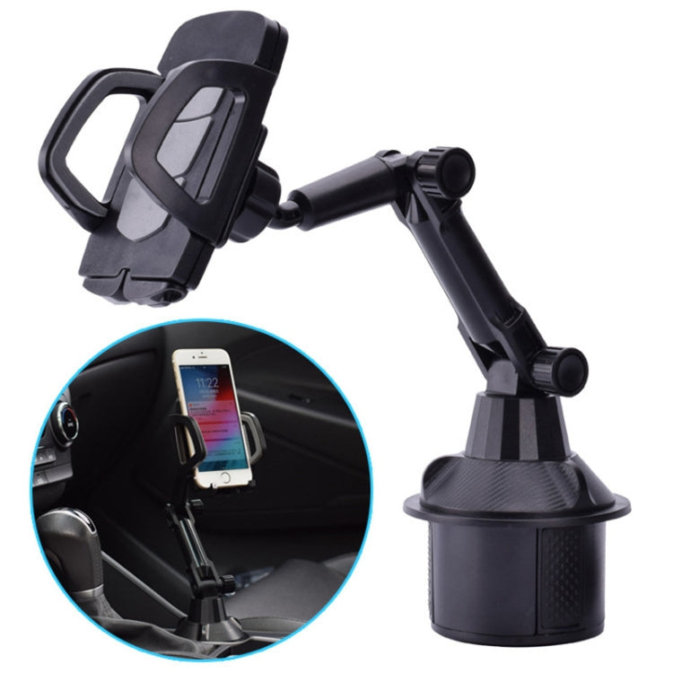 Car cup holder mount with phone clamp and rotating arm, black