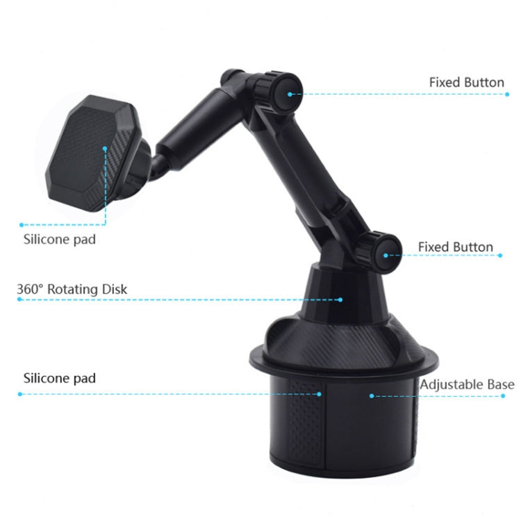 Car phone mount with adjustable base, silicone pads, and fixed buttons on gooseneck arm