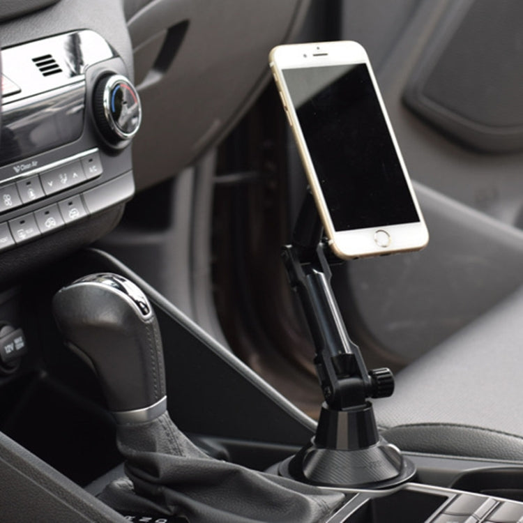 Car phone mount installed on cup holder with gooseneck arm holding a smartphone, black