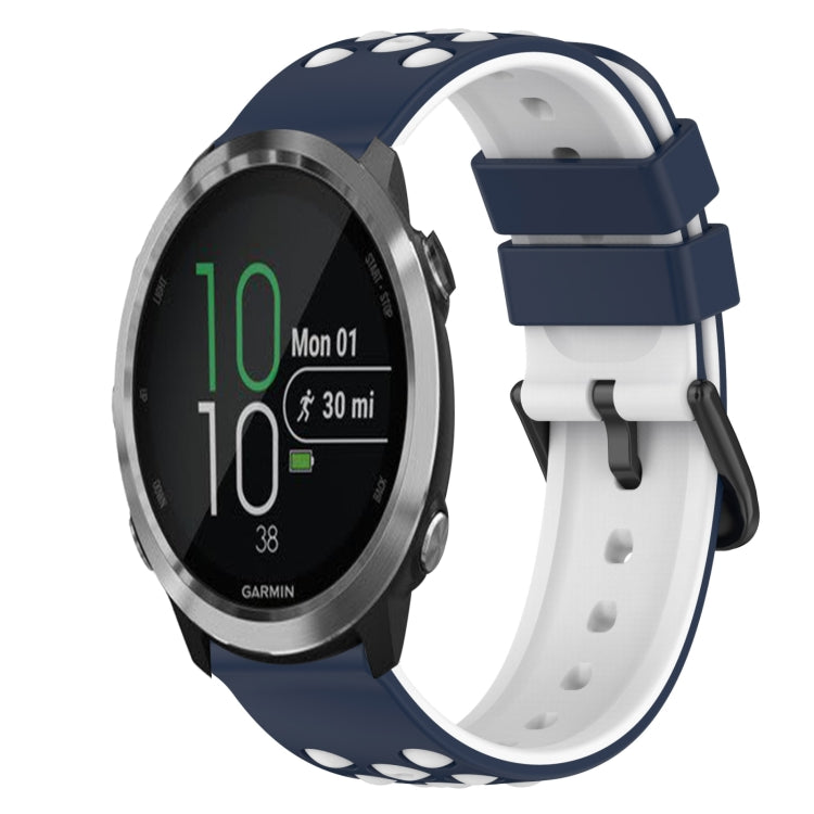 Two-color silicone watch band, white with dark blue-black sport-style holes and buckle
