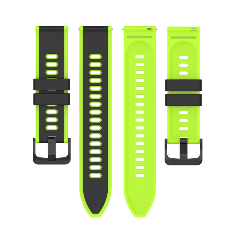 Two-pack silicone watch bands: black and lime green with sport holes and buckles