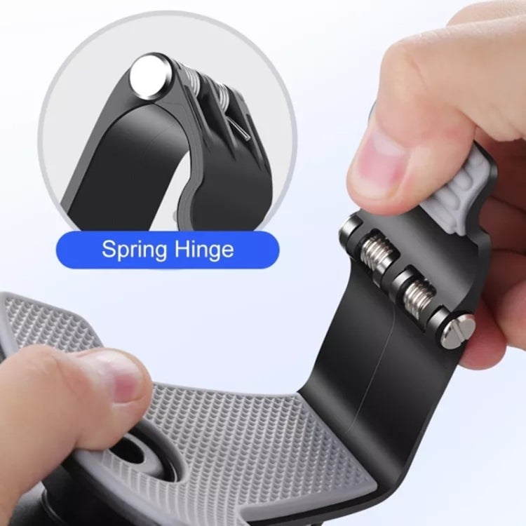 Black spring-hinge phone holder clamp with metal screw adjustment