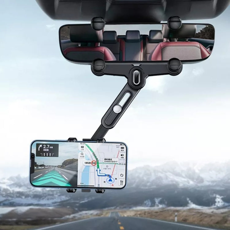 Rearview mirror phone holder mounted in car, with phone cradled for navigation, dark gray